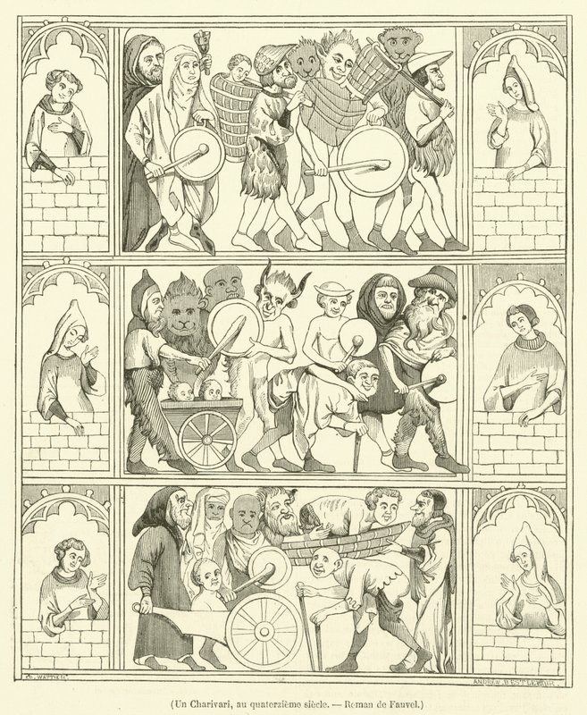 Un Charivari, au quatorzieme siecle, Roman de Fauvel (engraving) - French School