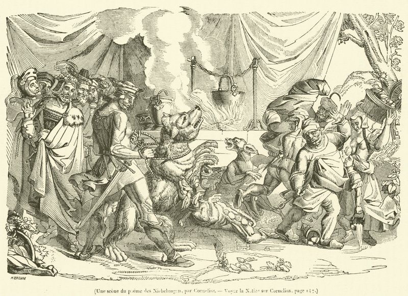 Une scène du poème des Niebelungen (gravure) - French School