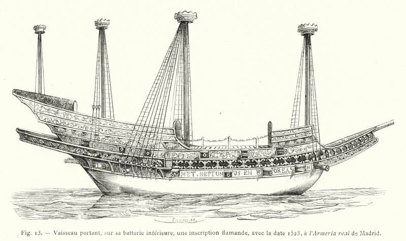 Vaisseau portant, sur sa batterie inférieure, une inscription flamande, avec la date 1523, à l
