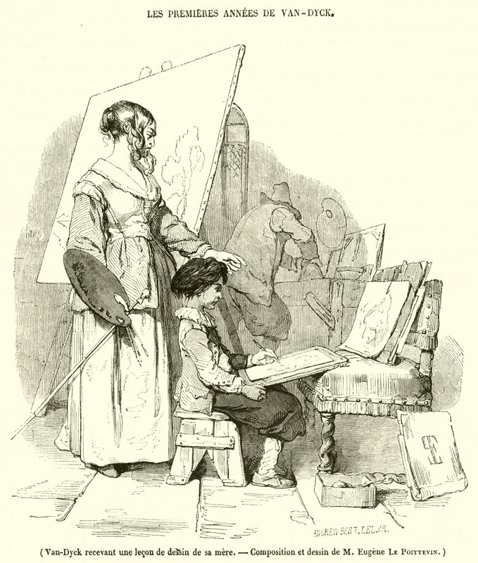Van-Dyck recevant une leçon de dessin de sa mère - French School