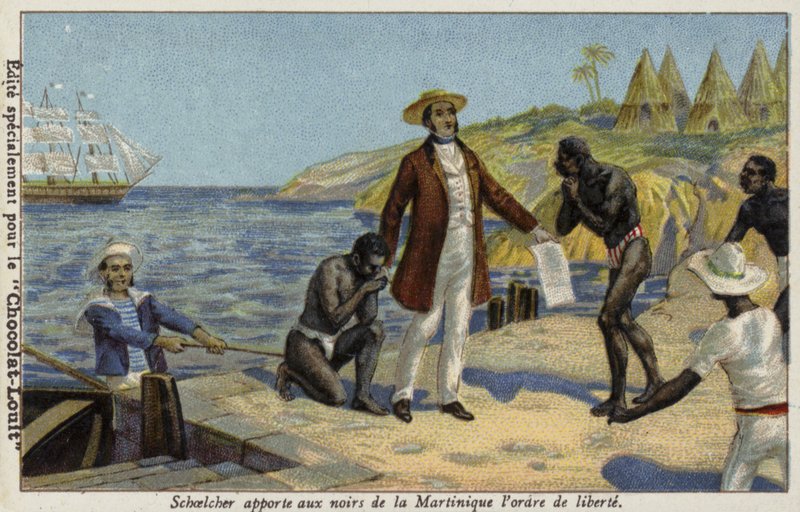 Victor Schoelcher apportant la nouvelle de leur liberté aux esclaves de la Martinique, vers 1848 - French School