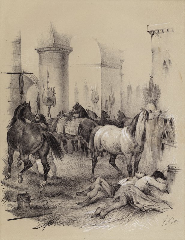 Les Vikings utilisant la cathédrale de Charlemagne à Aix-la-Chapelle comme étable, 882 - French School