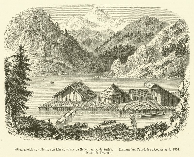 Village gaulois sur pilotis, non loin du village de Meilen, au lac de Zurich - French School