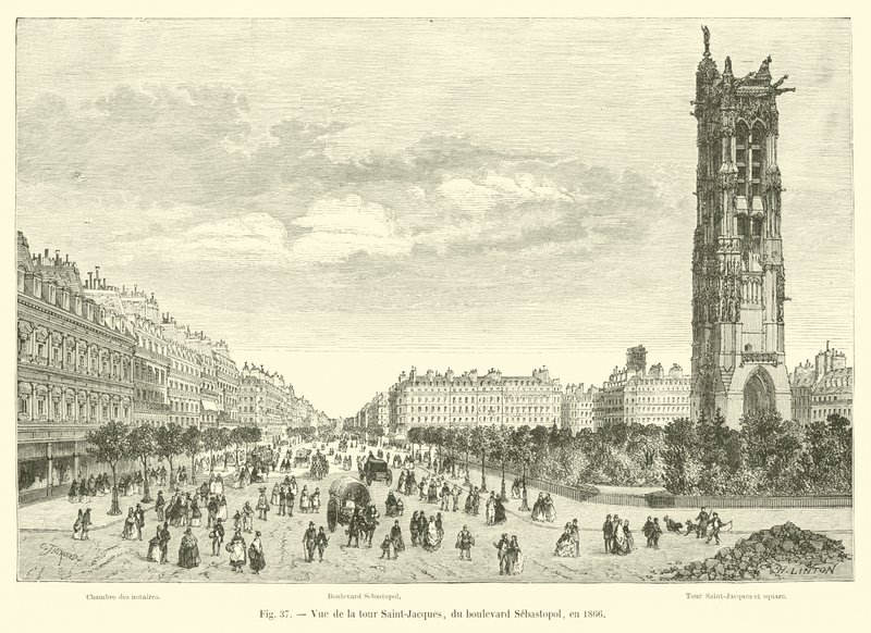 Vue de la tour Saint-Jacques, du boulevard Sébastopol, en 1866 - French School