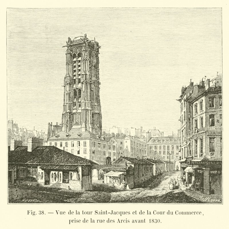 Vue de la tour Saint-Jacques et de la Cour du Commerce, prise de la rue des Arcis avant 1830 - French School