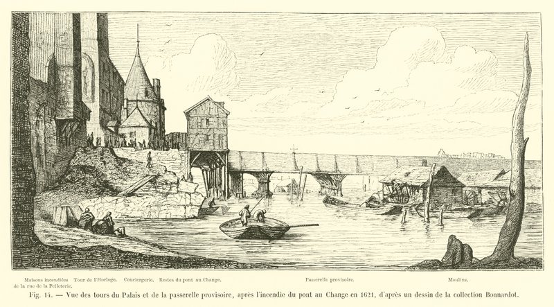 Vue des tours du Palais et de la passerelle provisoire, après l