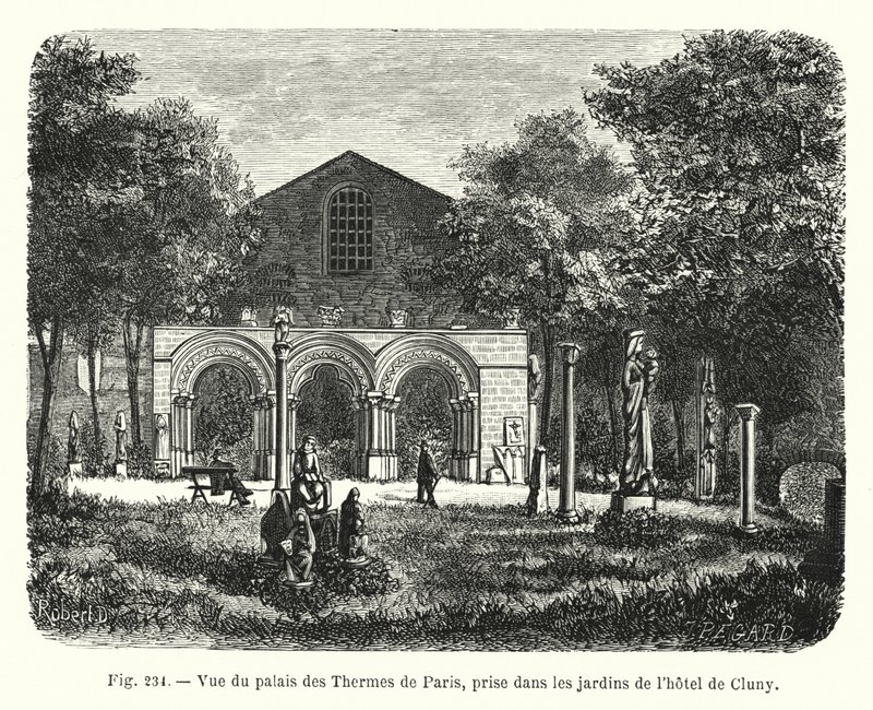 Vue du palais des Thermes de Paris, prise dans les jardins de l