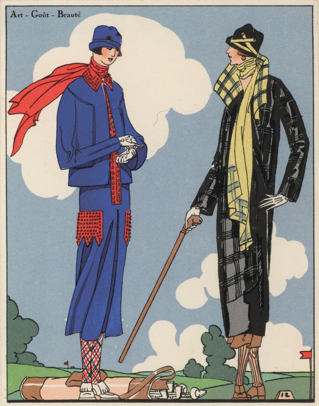 Vêtements de golf pour femmes des années 1920 par les créateurs Martial et Armand, et Christoph Drecoll. (lithographie couleur) - French School