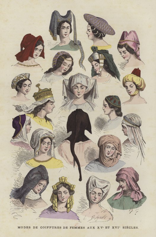 Coiffures féminines des 15ème et 16ème siècles - French School