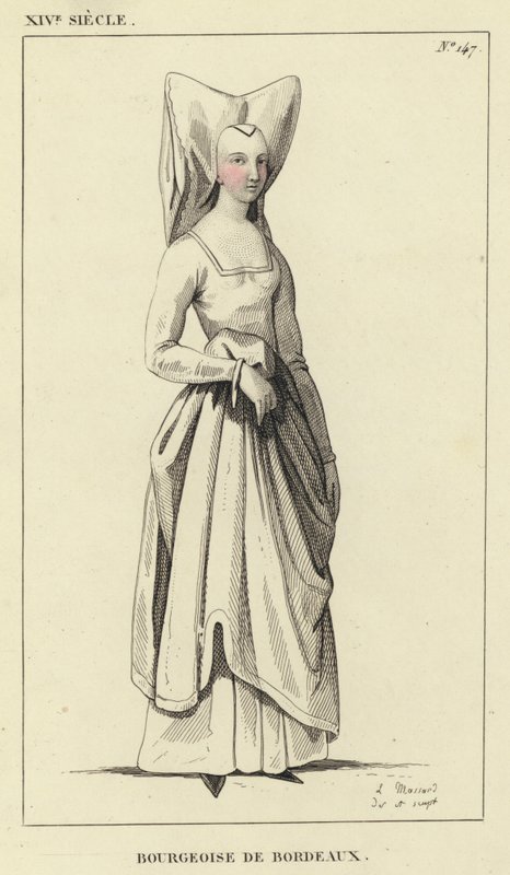 XIVe siècle, Bourgeoise de Bordeaux (gravure en couleur) - French School