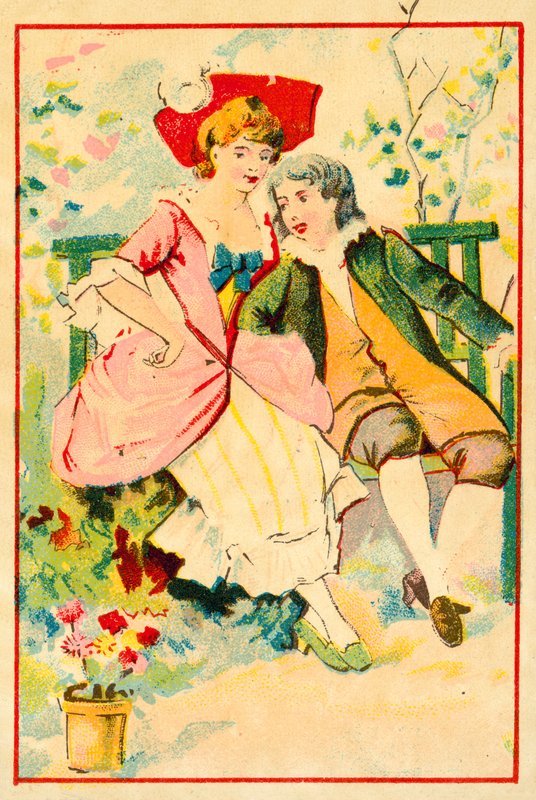 Jeune couple sur un banc dans un jardin - French School
