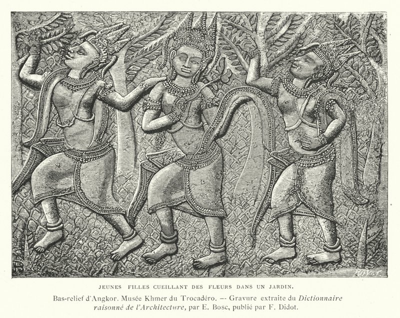 Jeunes filles cueillant des fleurs dans un jardin, bas-relief d