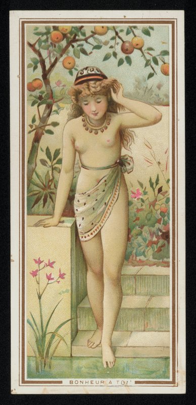 Jeune femme dans un jardin, carte de vœux - French School