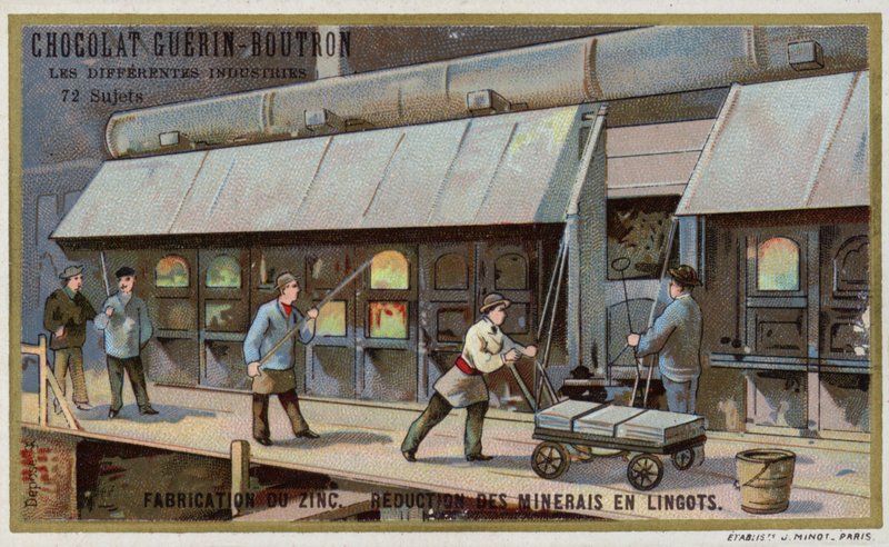 Fabrication de zinc. Réduction du minerai en lingots - French School