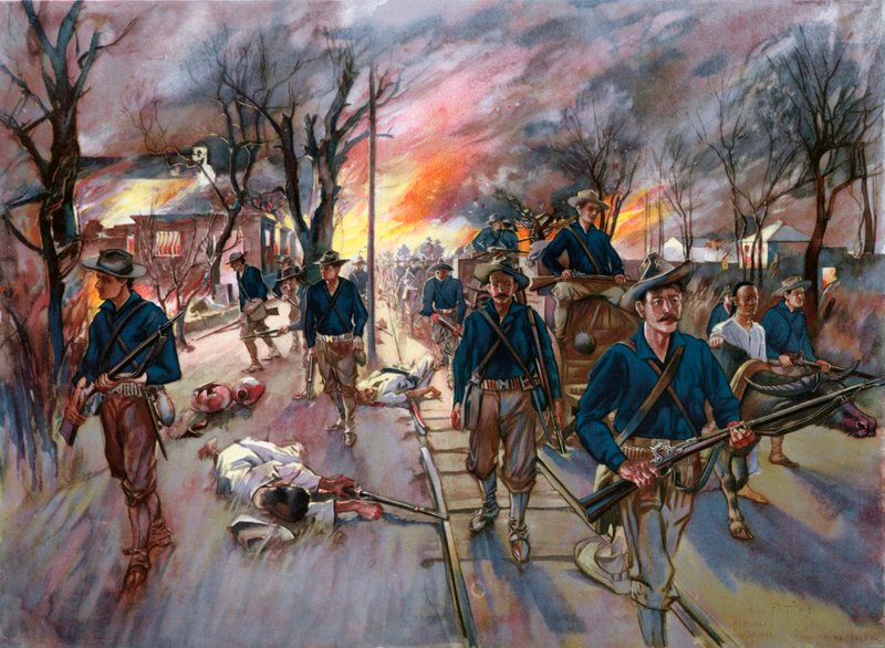Le train de munitions et les réserves des volontaires du vingtième Kansas, Colonel Frederick Funston, marchant à travers Caloocan la nuit après la bataille du 10 février - G. W. Peters