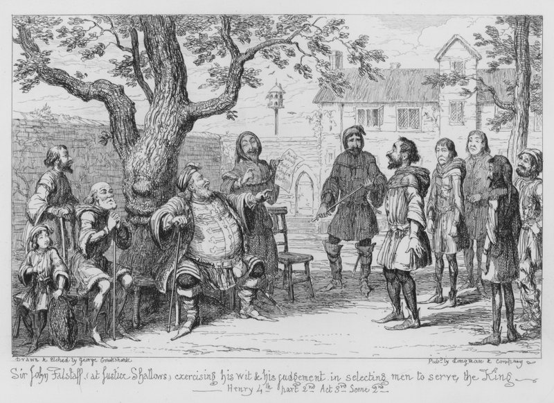 Sir John Falstaff, chez Justice Shallow, exerçant son esprit et son jugement en sélectionnant des hommes pour servir le roi - George Cruikshank