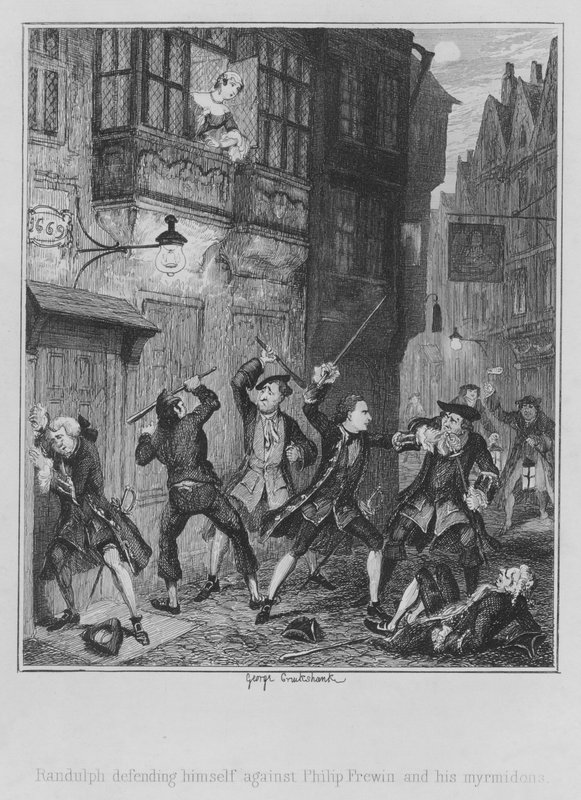 Randulph se défendant contre Philip Frewin et ses myrmidons - George (after) Cruikshank