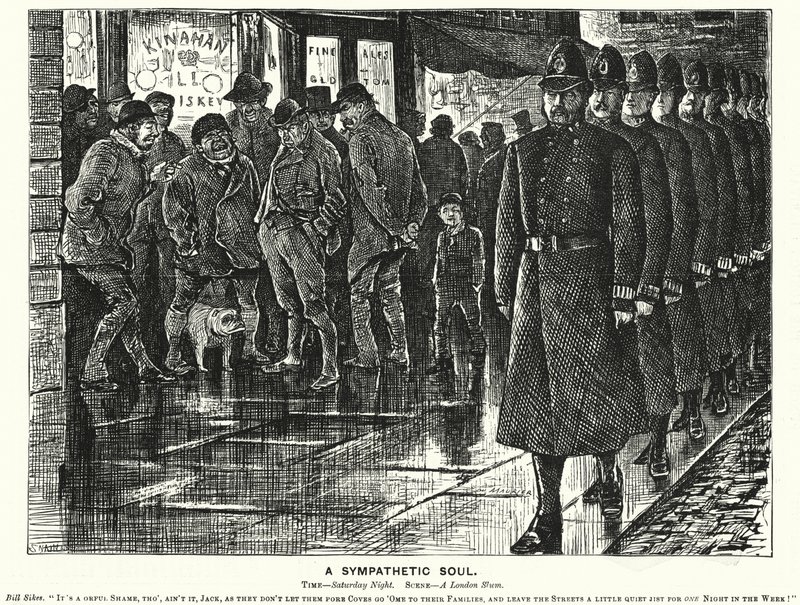 Caricature de Punch : Une âme sympathique - la police des taudis de Londres (gravure) - George (after) Du Maurier