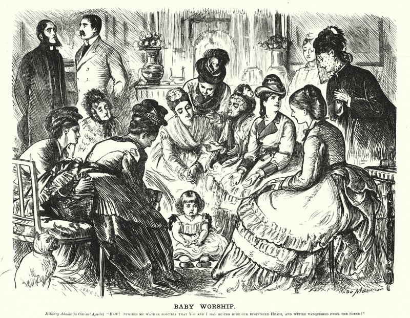 Caricature de Punch : Adoration du bébé - George (after) Du Maurier