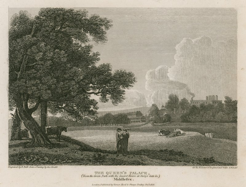 Buckingham House, le palais de la Reine, depuis Green Park, avec la maison de garde à Story