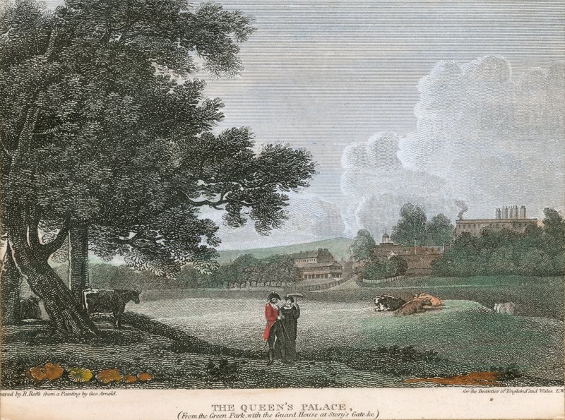 Le Palais de la Reine, depuis le Green Park avec la Maison de Garde à Story