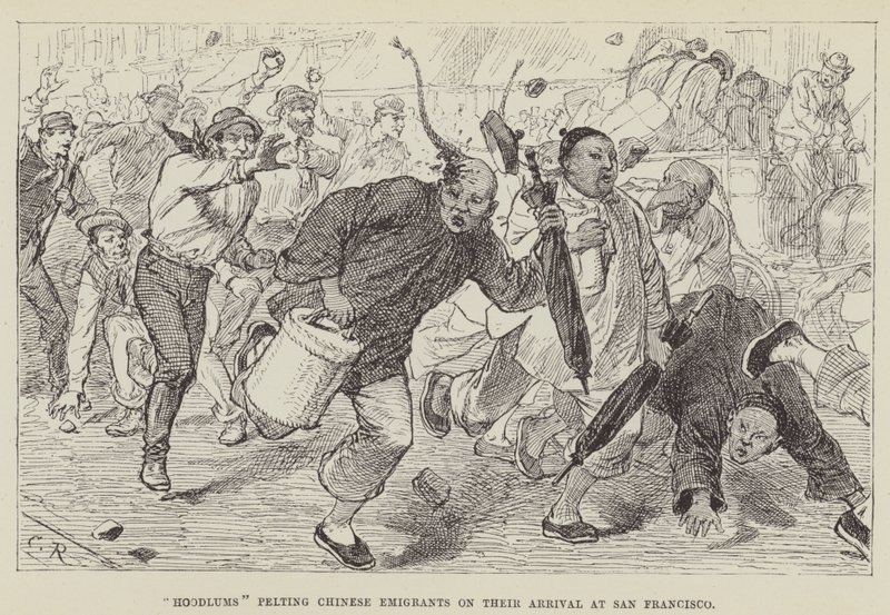 Voyous lançant des pierres aux émigrants chinois à leur arrivée à San Francisco - George Augustus Sala