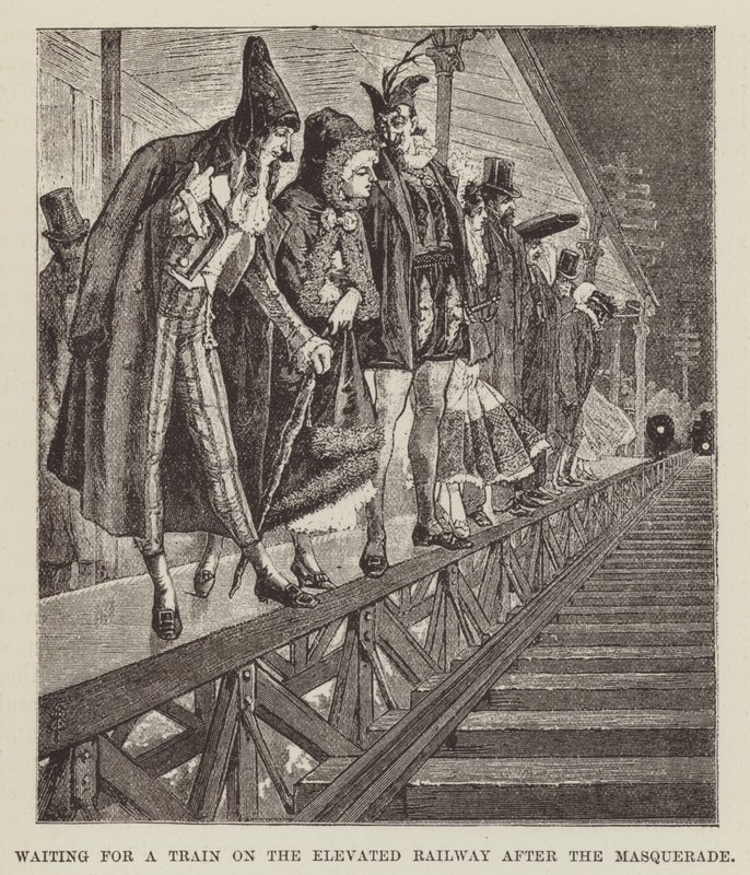 Attendre un train sur le chemin de fer surélevé après le bal masqué - George Augustus Sala