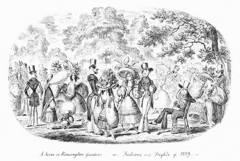 Une scène dans les jardins de Kensington, ou modes et frayeurs de 1829 (gravure) - George Cruikshank