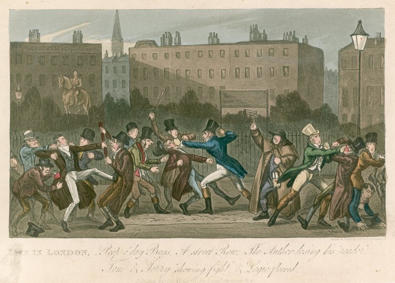 Une bagarre de rue - Tom et Jerry montrant le combat et Logic à terre - George Cruikshank