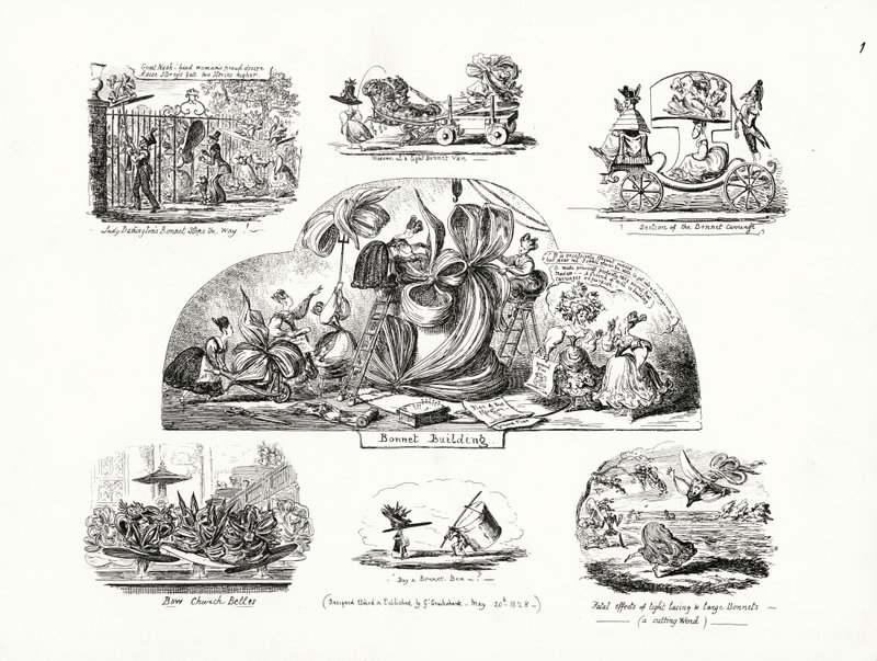 Caricatures de George Cruikshank sur le thème des bonnets de dames surdimensionnés (gravure) - George Cruikshank