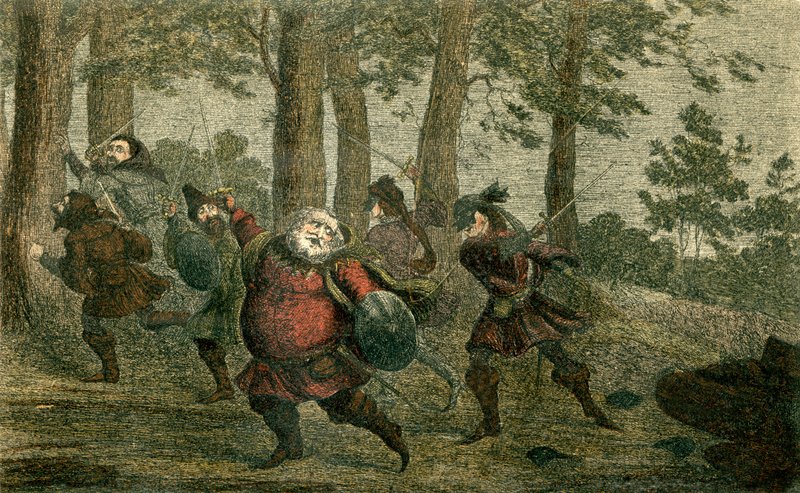 Falstaff sue à mort et graisse la terre maigre en marchant - George Cruikshank