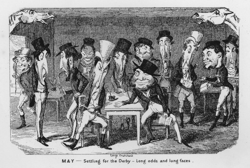 Mai, Préparatifs pour le Derby, Longs paris et longues figures (gravure) - George Cruikshank