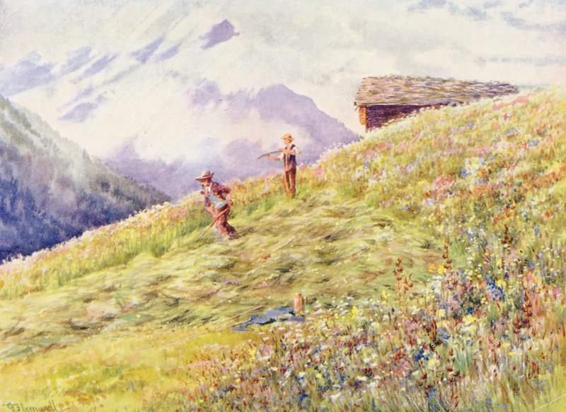 Fenaison à Champex à la mi-juillet (lithographie en couleur) - George Jackson Flemwell