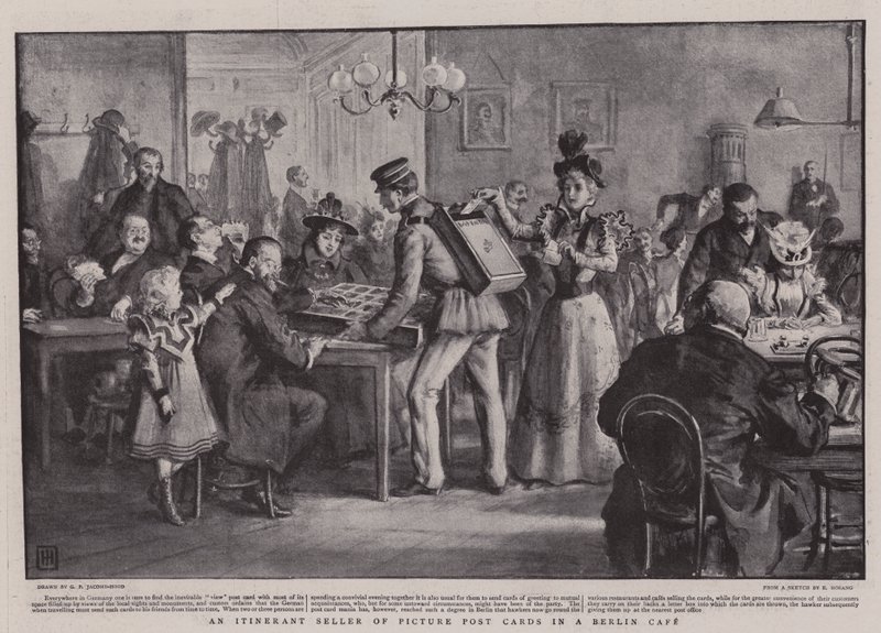 Un vendeur itinérant de cartes postales dans un café berlinois - George Percy Jacomb Hood