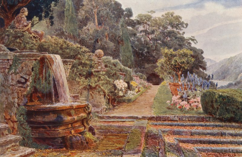 Jardins italiens : Villa Cicogna, sous la cascade - George Samuel Elgood