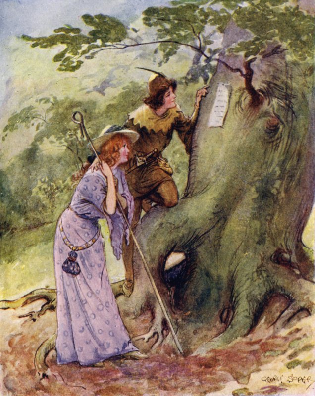 Ganymède et Aliena furent étrangement surpris de trouver le nom de Rosalinde gravé sur les arbres - George Soper