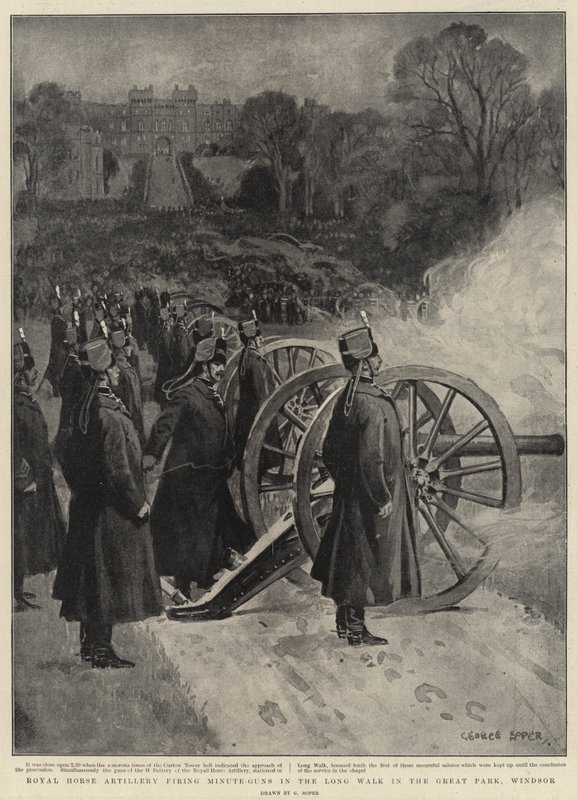 Artillerie royale à cheval tirant des coups de canon minute dans la Long Walk dans le Grand Parc, Windsor - George Soper