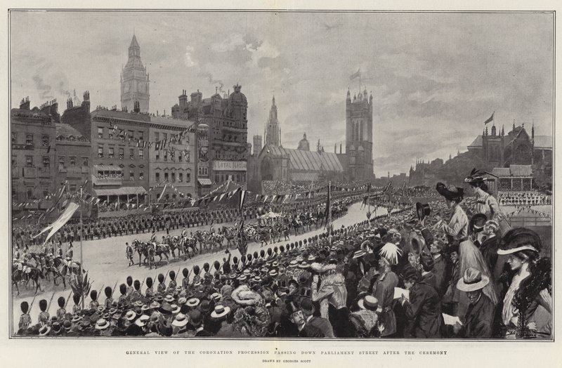 Vue générale de la procession du couronnement descendant Parliament Street après la cérémonie - Georges Bertin Scott