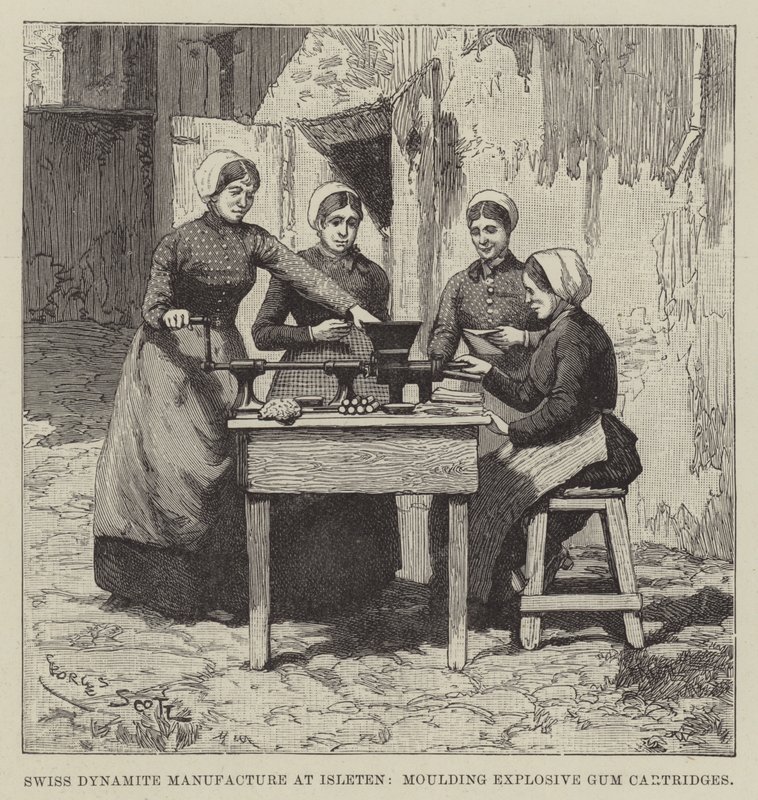 Fabrication de dynamite suisse à Isleten, moulage de cartouches de gomme explosive - Georges Bertin Scott