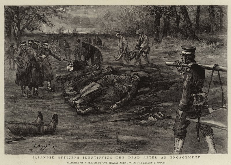 Officiers japonais identifiant les morts après un engagement - Georges Ferdinand Bigot