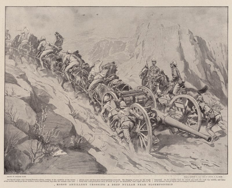 Artillerie à cheval traversant un profond nullah près de Bloemfontein - Georges Bertin Scott