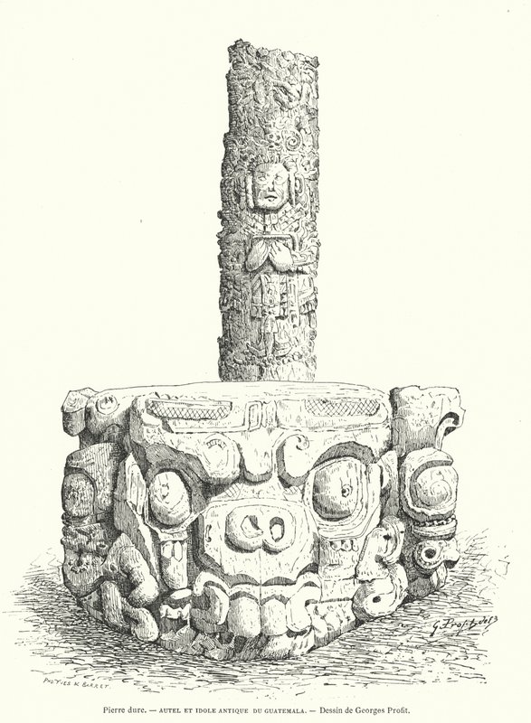 Autel en pierre sculpté maya et idole du Guatemala (gravure) - Georges Ernest Profit