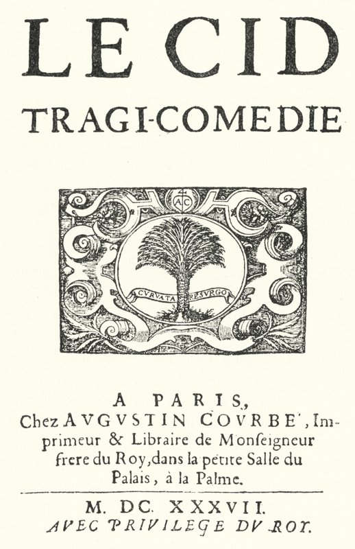 Page de titre de la première édition de Le Cid par le dramaturge français Pierre Corneille, publiée en 1637 - German School