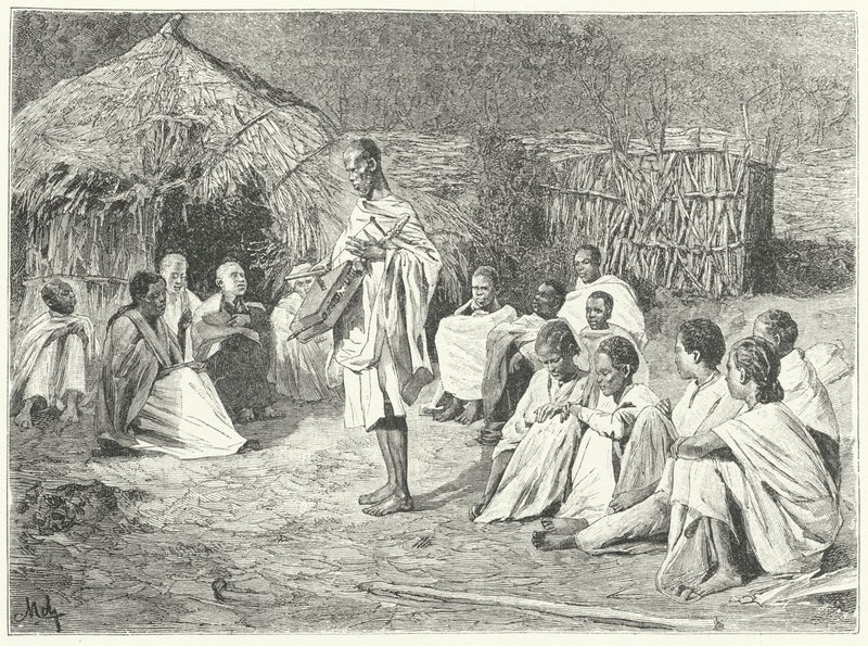 Un ménestrel itinérant et son public en Abyssinie (gravure) - German School