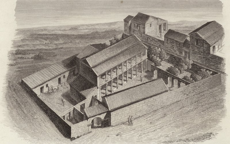 Maisons grecques antiques à Moudleja, Syrie. Illustration pour Bilder-Atlas (gravure) - German School