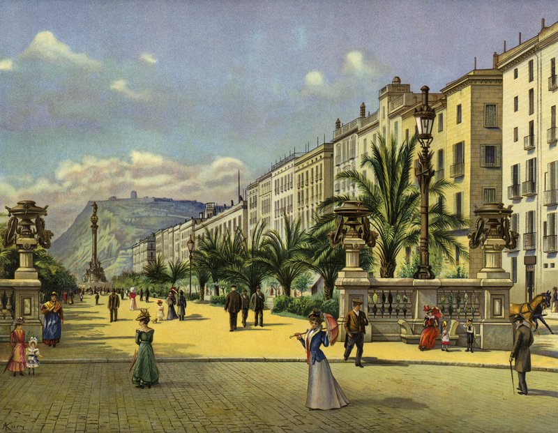 Barcelone, Paseo de Colon (chromolitho) - German School