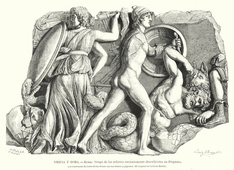 Bataille entre les dieux et les titans et géants, relief grec antique de Pergame - German School