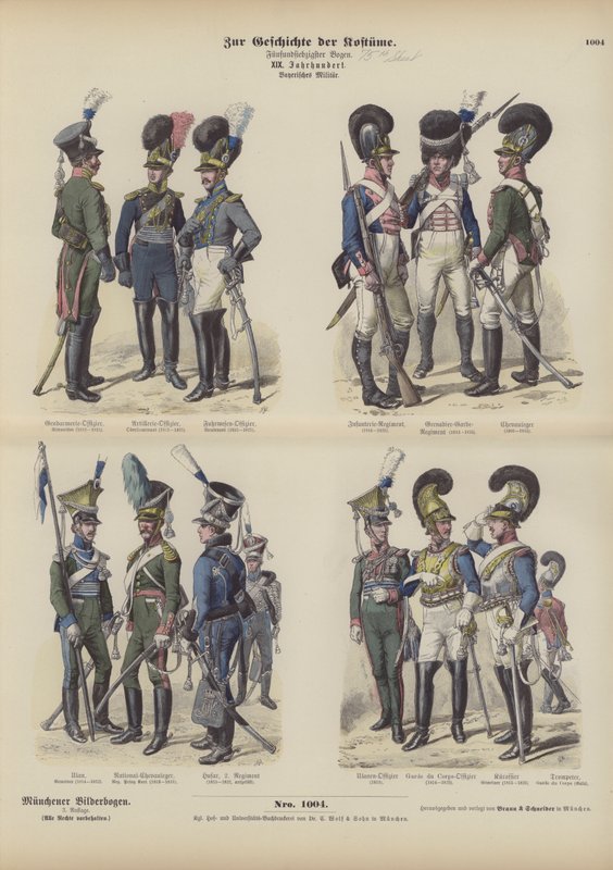 Uniformes militaires bavarois, début du XIXe siècle (gravure en couleur) - German School