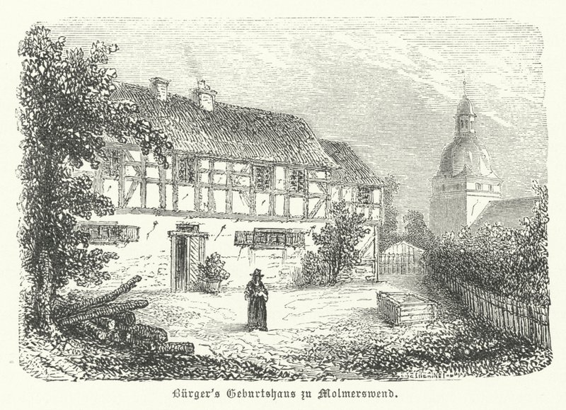 Lieu de naissance du poète allemand Gottfried August Bürger, Molmerswende (gravure) - German School