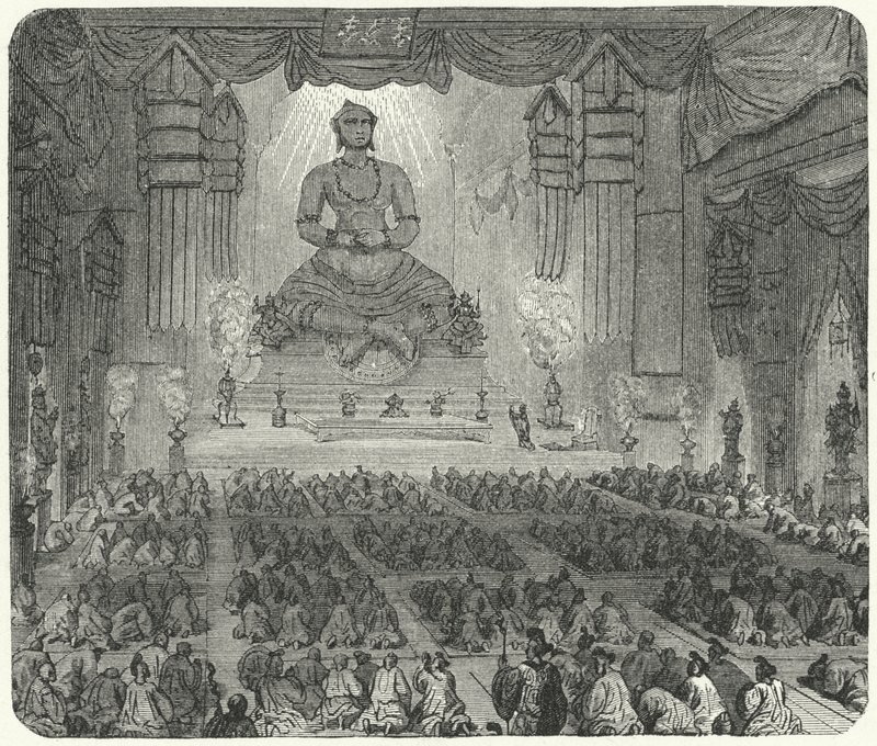 Bouddhistes adorant dans un monastère à Pékin - German School